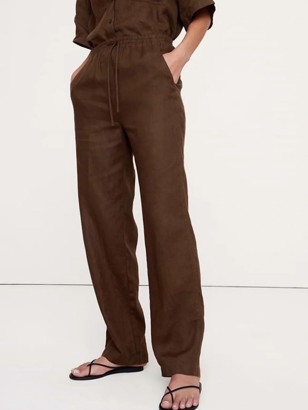 Banana Republic The Getaway Straight-Leg Pull-On Pant Sz Large Tall Linen Brown